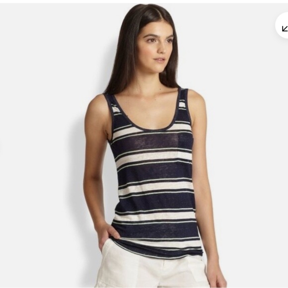 JOIE Carmenella Navy White Striped Linen Tank Top Size Large - Picture 1 of 14